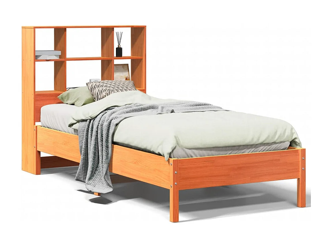 Bed met boekenkast zonder matras grenenhout wasbruin 100x200 cm