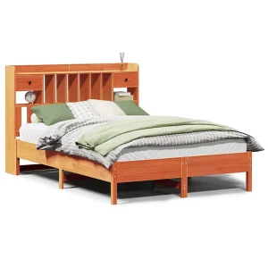 Bed met boekenkast zonder matras grenenhout wasbruin 150×200 cm