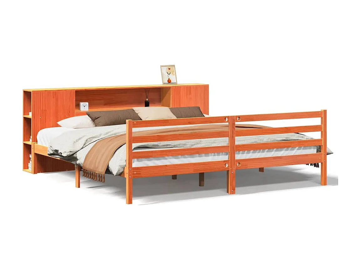 Bed met boekenkast zonder matras grenenhout wasbruin 200x200 cm