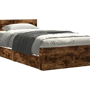 Bedframe met hoofdeinde bewerkt hout gerookt eiken 90×200 cm Bedframe met hoofdeinde bewerkt hout gerookt eiken 90×200 cm