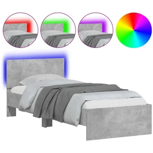 Bedframe met hoofdbord en LED-verlichting betongrijs 90×200 cm
