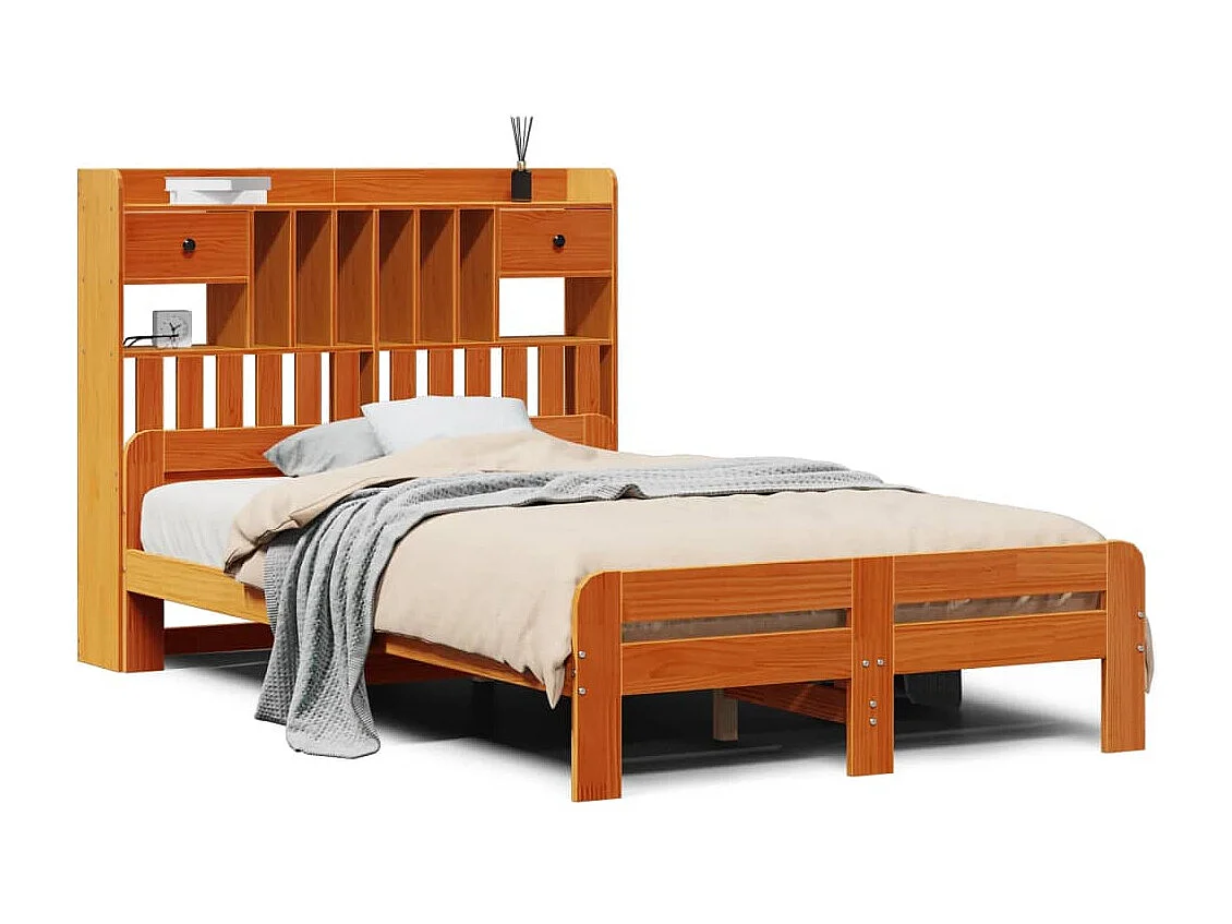 Bed met boekenkast zonder matras grenenhout wasbruin 135x190 cm