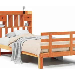 Bed met boekenkast zonder matras grenenhout wasbruin 75×190 cm