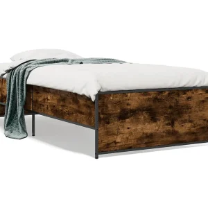 Bedframe bewerkt hout en metaal gerookt eikenkleurig 75×190 cm Bedframe bewerkt hout en metaal gerookt eikenkleurig 75×190 cm