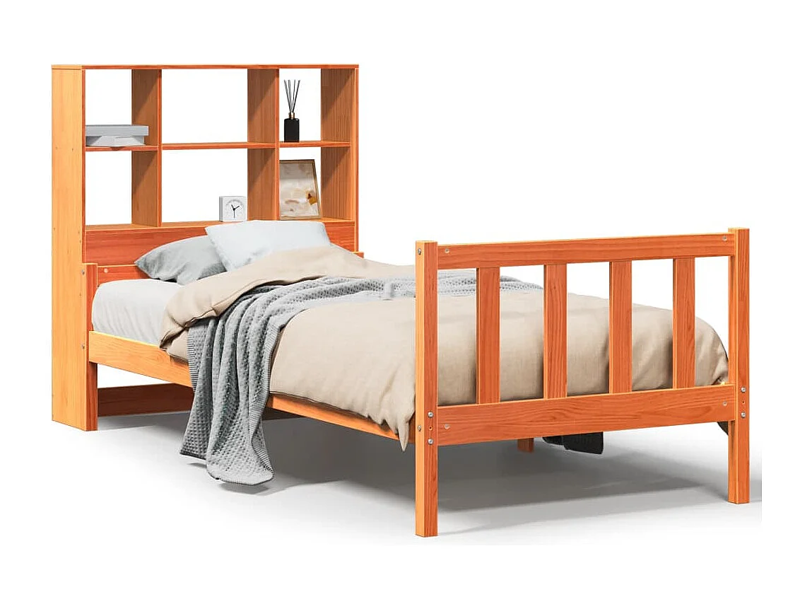 Bed met boekenkast zonder matras massief hout wasbruin 75x190cm