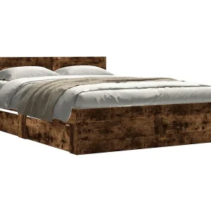 Bedframe met hoofdeinde bewerkt hout gerookt eiken 140×200 cm Bedframe met hoofdeinde bewerkt hout gerookt eiken 140×200 cm