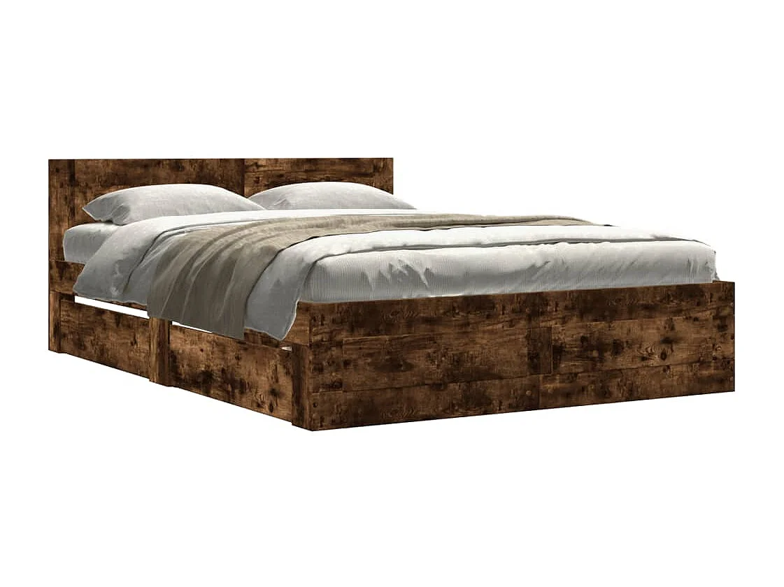 Bedframe met hoofdeinde bewerkt hout gerookt eiken 140x200 cm