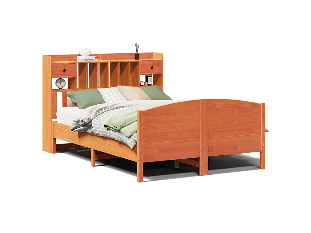Bed met boekenkast zonder matras grenenhout wasbruin 140x200 cm