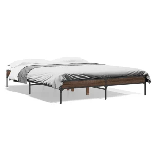 Bedframe bewerkt hout metaal bruin eikenkleur 160×200 cm Bedframe bewerkt hout metaal bruin eikenkleur 160×200 cm