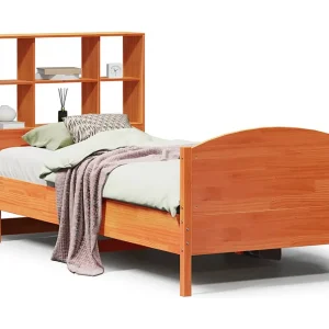 Bed met boekenkast zonder matras grenenhout wasbruin 75×190 cm
