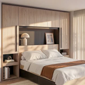 Bedkast met opbergruimte – Met ledverlichting – L265 cm – Kleur: naturel en zwart – VELONA