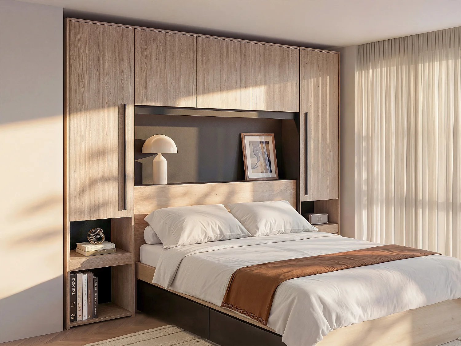 Bedkast met opbergruimte - Met ledverlichting - L265 cm - Kleur: naturel en zwart - VELONA