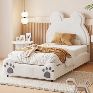 Bed 90x200cm, Beau gestoffeerd bed in de vorm van een beer, eenpersoons vlak fluwelen bed met lattenbodem en hoofdbord, zonder matras, wit Bed 90x200cm, Beau gestoffeerd bed in de vorm van een beer, eenpersoons vlak fluwelen bed met lattenbodem en hoofdbord, zonder matras, wit