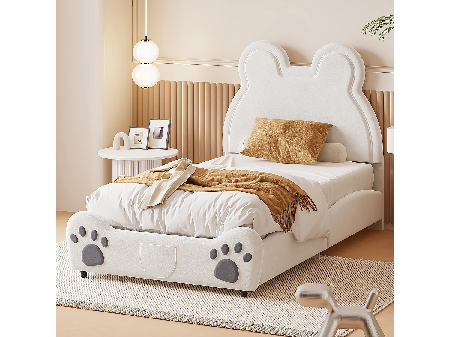 Bed 90x200cm, Beau gestoffeerd bed in de vorm van een beer, eenpersoons vlak fluwelen bed met lattenbodem en hoofdbord, zonder matras, wit