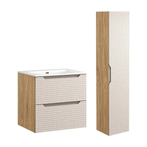 Beige en houten Mallory enkel wastafelmeubel met 60cm inzetwastafel en sokkel