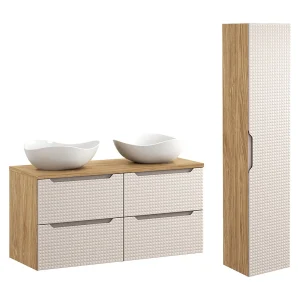 Beige en hout 120cm dubbele wastafel met Mallory sokkel