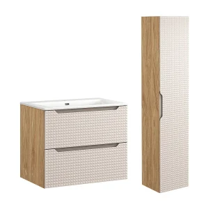 Beige en houten Mallory enkel wastafelmeubel met 70cm inzetwastafel en sokkel