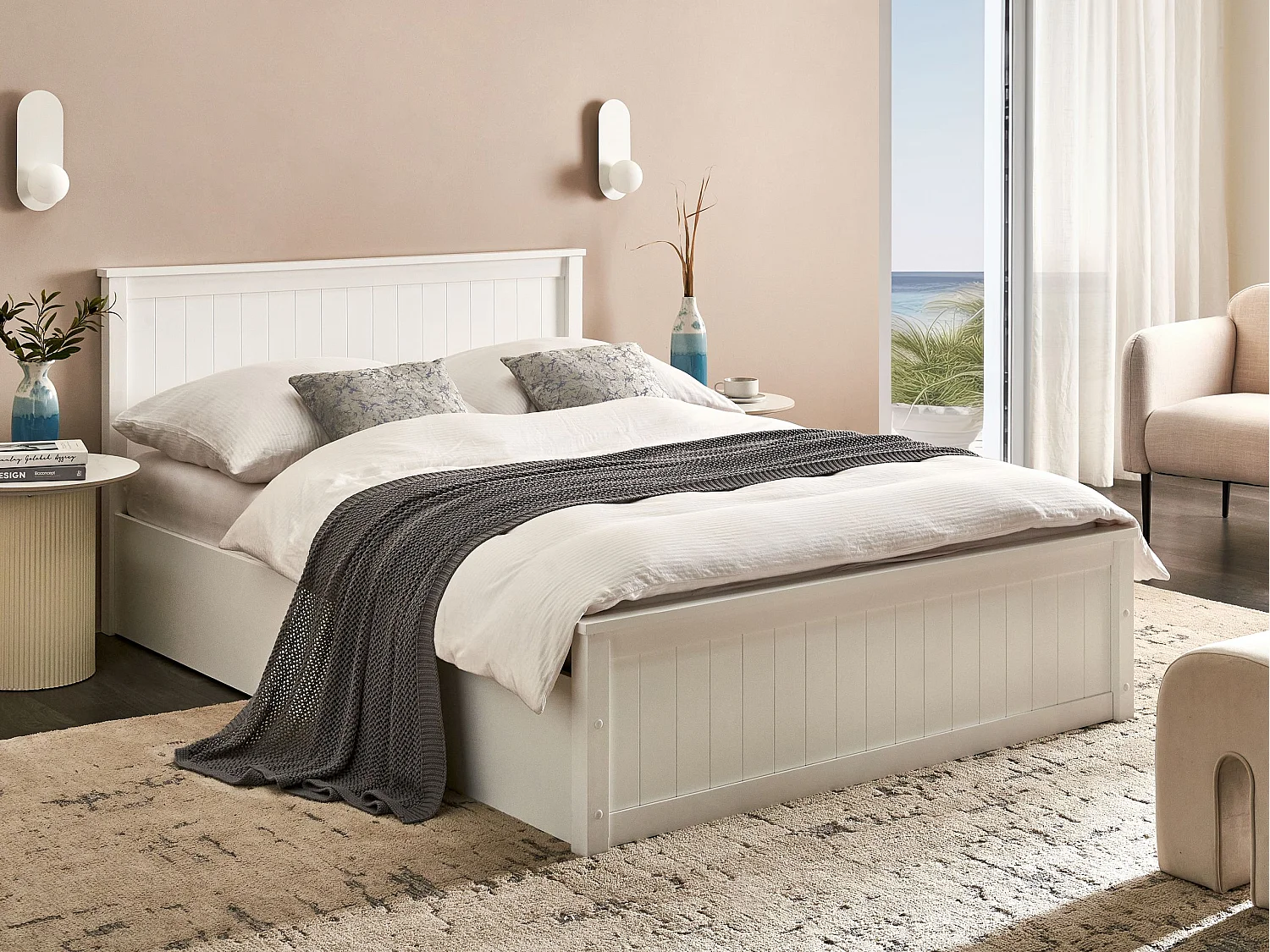 Bed met opbergruimte Dennenhout LAMBRES 140 x 200 cm Wit