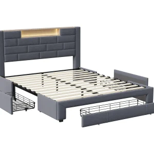Bed van 140 x 200 cm met opbergruimte, nachtkastje, ledstrip, geïntegreerde USB-poort, Europese oplader, grijs, fluweel Bed van 140 x 200 cm met opbergruimte, nachtkastje, ledstrip, geïntegreerde USB-poort, Europese oplader, grijs, fluweel