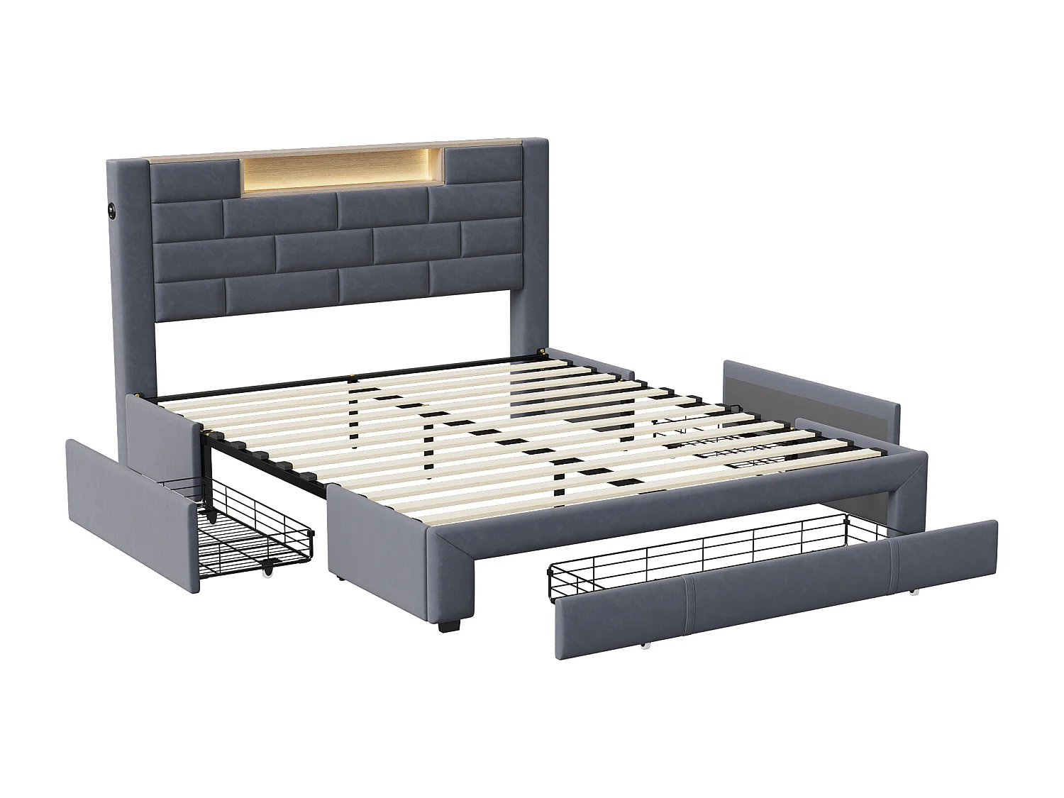 Bed van 140 x 200 cm met opbergruimte, nachtkastje, ledstrip, geïntegreerde USB-poort, Europese oplader, grijs, fluweel