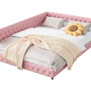 140×200 bedframe, fluwelen tweepersoonsbed, met led- en usb-poorten, met lattenbodem, roze 140×200 bedframe, fluwelen tweepersoonsbed, met led- en usb-poorten, met lattenbodem, roze