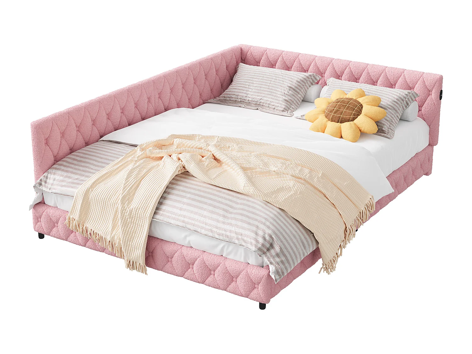 140x200 bedframe, fluwelen tweepersoonsbed, met led- en usb-poorten, met lattenbodem, roze