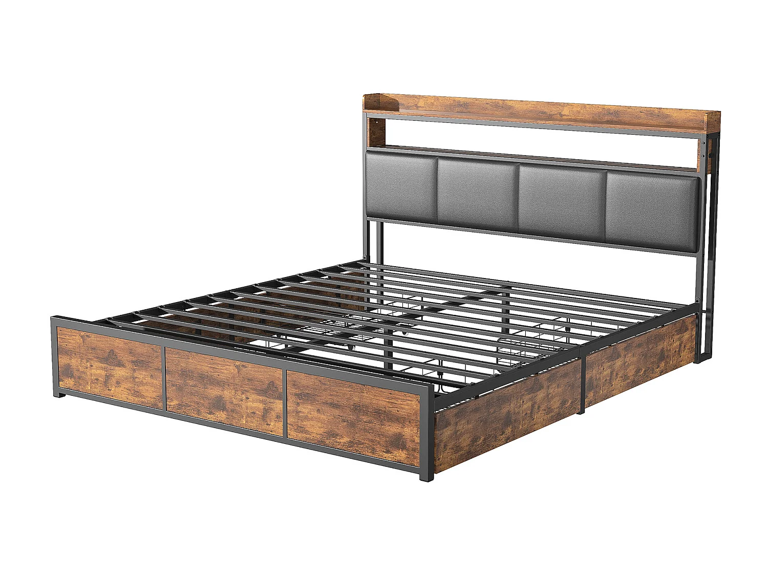 Bedframe van 180 x 200 cm met metalen lattenbodem, tweepersoonsbed met opbergruimte en ledverlichting, PU-leer, zwart