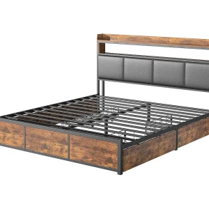 Bed van 180×200 cm met lattenbodem en ledverlichting, zwart PU-hoofdbord, metalen frame en praktische opbergruimte. Bed van 180×200 cm met lattenbodem en ledverlichting, zwart PU-hoofdbord, metalen frame en praktische opbergruimte.