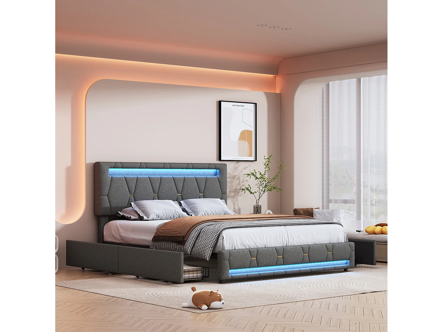 Bed 160x200cm met 4 lades + LED + lattenbodem - linnen - Grijs