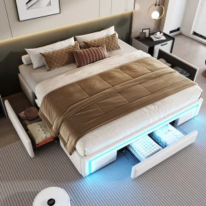 Bedframe 180×200 cm met lades, zonder hoofdeinde, LED-verlichting, frame van PU-kunstleer, metalen lattenbodem – beige Bedframe 180×200 cm met lades, zonder hoofdeinde, LED-verlichting, frame van PU-kunstleer, metalen lattenbodem – beige