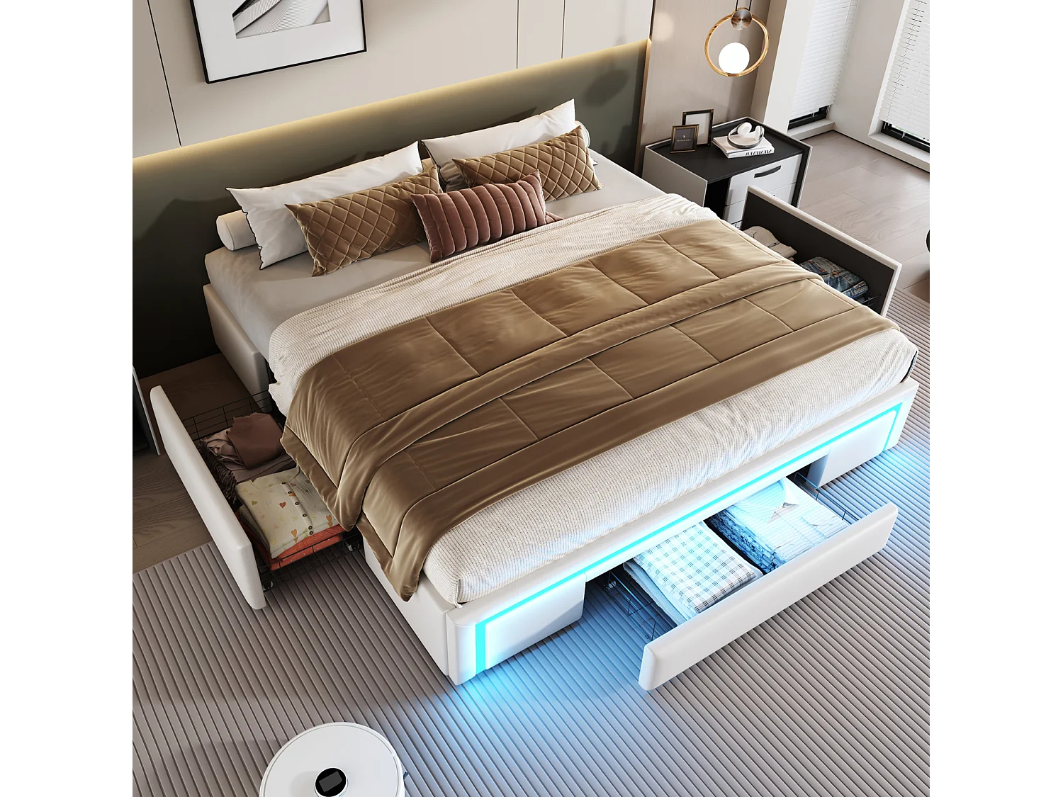 Bedframe 180x200 cm met lades, zonder hoofdeinde, LED-verlichting, frame van PU-kunstleer, metalen lattenbodem - beige
