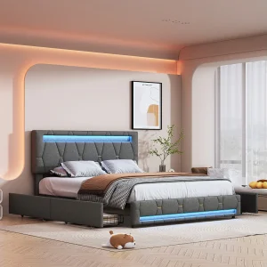 Bed 140x200cm met 4 lades + LED + lattenbodem – linnen – Grijs Bed 140x200cm met 4 lades + LED + lattenbodem – linnen – Grijs