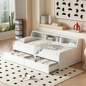 Bedbank 90×200 cm, eenpersoonsbed, twee lades, geïntegreerd opbergvak, strak design, wit voor kinderen. Bedbank 90×200 cm, eenpersoonsbed, twee lades, geïntegreerd opbergvak, strak design, wit voor kinderen.