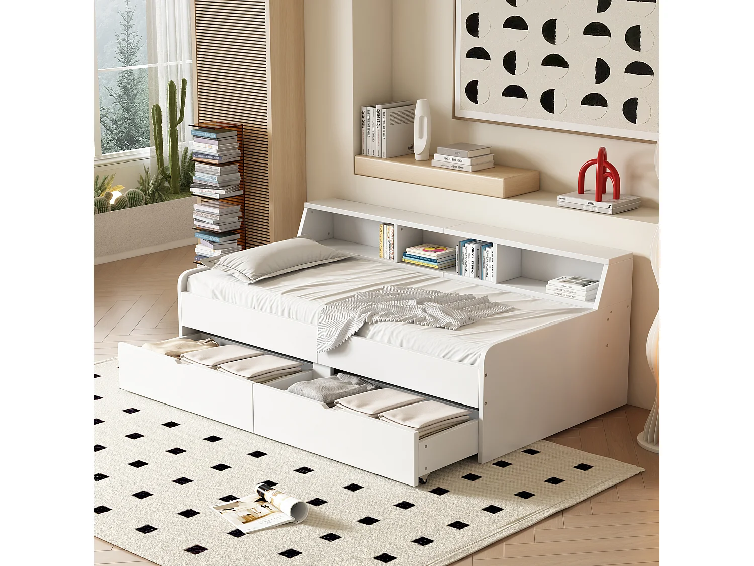Bedbank 90x200 cm, eenpersoonsbed, twee lades, geïntegreerd opbergvak, strak design, wit voor kinderen.