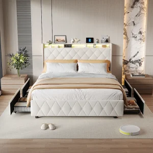 Bed van 140×200 cm met 4 lades, ledverlichting, opbergkastjes, open scheidingswanden, lattenbodem, USB- en Type-C-opladers – Beige Bed van 140×200 cm met 4 lades, ledverlichting, opbergkastjes, open scheidingswanden, lattenbodem, USB- en Type-C-opladers – Beige