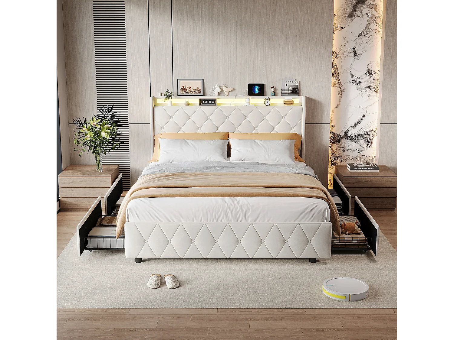 Bed van 140x200 cm met 4 lades, ledverlichting, opbergkastjes, open scheidingswanden, lattenbodem, USB- en Type-C-opladers - Beige