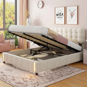 Bed 140 x 190 met lattenbodem, tweepersoonsbed gestoffeerd met hydraulische hendel, LED-verlichting aan het voeteneinde, fluweel, beige