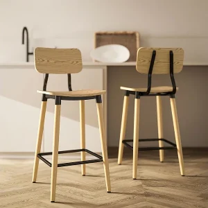 Barkruk set van 2, met rugleuning en voetensteun, stalen poten, voor keuken, woonkamer, naturel Barkruk set van 2, met rugleuning en voetensteun, stalen poten, voor keuken, woonkamer, naturel