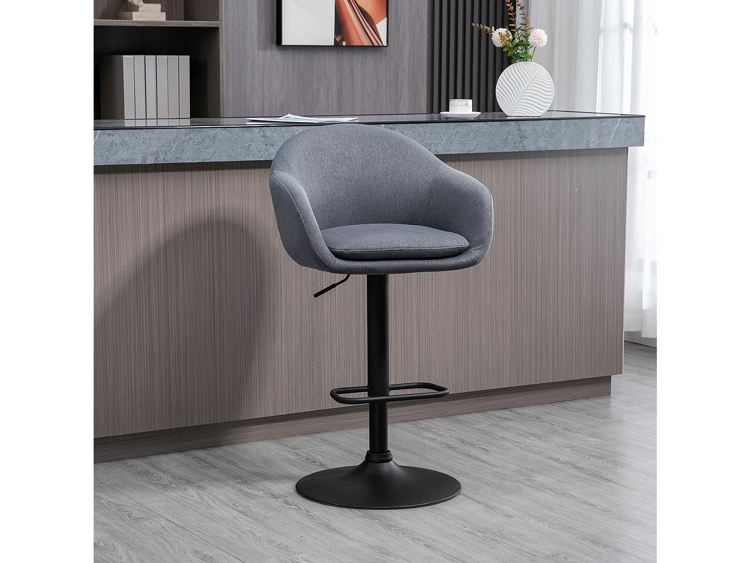 Barkruk, in hoogte verstelbaar, met rugleuning en voetensteun, linnenlook, 112 cm hoog, grijs