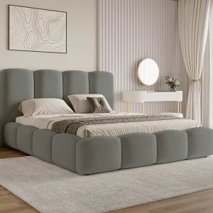BESILIO Wolkenbed met opbergruimte en lattenbodem 140×200 Puffy – gestoffeerd fluwelen bed – Grijs BESILIO Wolkenbed met opbergruimte en lattenbodem 140×200 Puffy – gestoffeerd fluwelen bed – Grijs