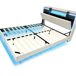 Bed voor volwassenen 160×200 cm in beige linnen met opberghoofdeinde, LED en USB, zwevend ontwerp, zonder matras Bed voor volwassenen 160×200 cm in beige linnen met opberghoofdeinde, LED en USB, zwevend ontwerp, zonder matras