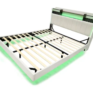 Bed voor volwassenen 140×200 cm in beige linnen met opberghoofdeinde, LED en USB, zwevend ontwerp, zonder matras Bed voor volwassenen 140×200 cm in beige linnen met opberghoofdeinde, LED en USB, zwevend ontwerp, zonder matras