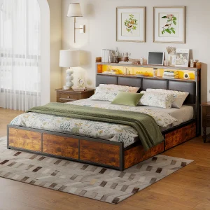 Bed van 160×200 cm met lattenbodem en ledverlichting, zwart PU-hoofdbord, metalen frame en praktische opbergruimte.