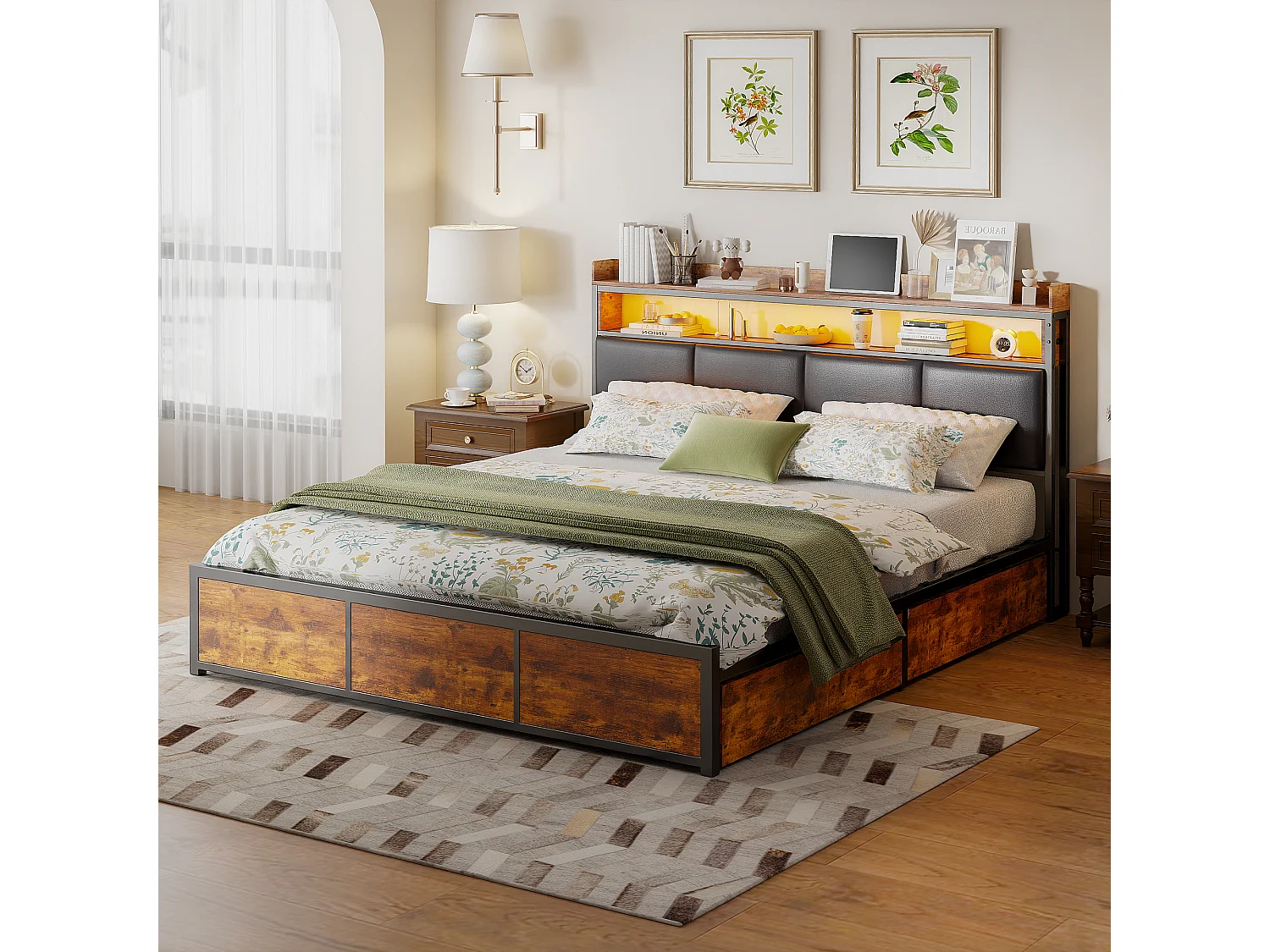 Bed van 160x200 cm met lattenbodem en ledverlichting, zwart PU-hoofdbord, metalen frame en praktische opbergruimte.