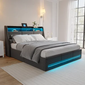 140x190cm bed met LED- en USB-aansluiting, lattenbodem, tweepersoonsbed met opbergruimte, linnen, grijs 140x190cm bed met LED- en USB-aansluiting, lattenbodem, tweepersoonsbed met opbergruimte, linnen, grijs