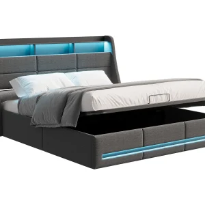 140x190cm bed met LED- en USB-aansluiting, lattenbodem, tweepersoonsbed met opbergruimte, linnen, grijs 140x190cm bed met LED- en USB-aansluiting, lattenbodem, tweepersoonsbed met opbergruimte, linnen, grijs