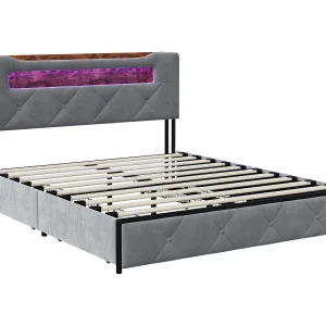 Bed 160×200 cm met LED en USB lattenbodem, gestoffeerd met 3 laden, hoofdbord met opbergruimte, fluweel, grijs