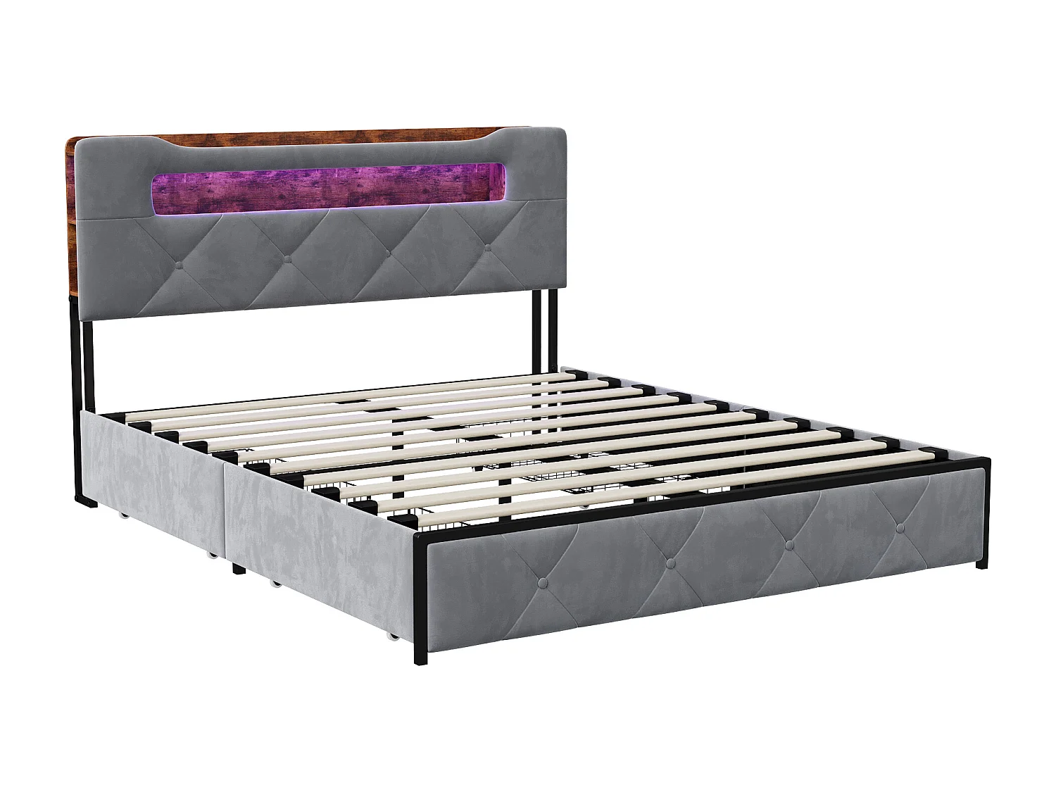 Bed 160x200 cm met LED en USB lattenbodem, gestoffeerd met 3 laden, hoofdbord met opbergruimte, fluweel, grijs