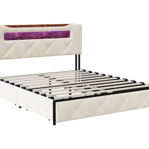 Bed 140×190 cm met LED en USB lattenbodem, gestoffeerd met 3 laden, hoofdbord met opbergruimte, fluweel, beige Bed 140×190 cm met LED en USB lattenbodem, gestoffeerd met 3 laden, hoofdbord met opbergruimte, fluweel, beige