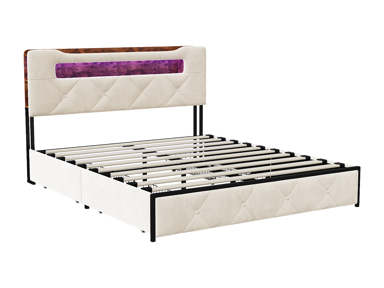 Bed 140x190 cm met LED en USB lattenbodem, gestoffeerd met 3 laden, hoofdbord met opbergruimte, fluweel, beige